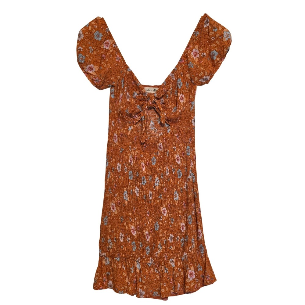 Alice Elle Floral Smocked Tie Front Puff Sleeve Mini Dress Rust Orange Size 8